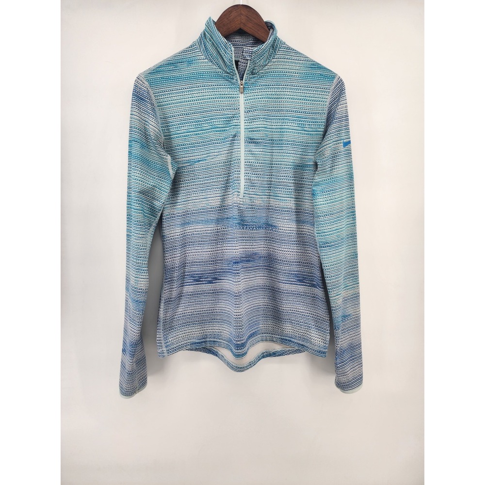 Nike Dri-Fit Womens Large Blue Teal Ombre Geometric 1/2 Zip Pullover Top Running
